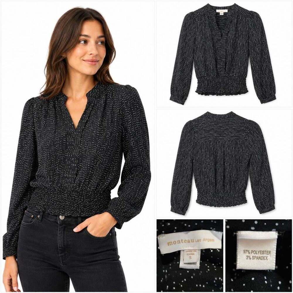 Monteau Small Black White Dot Smocked Waist Blouse